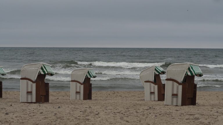 a row of beach chairs sitting on top of a sandy beach